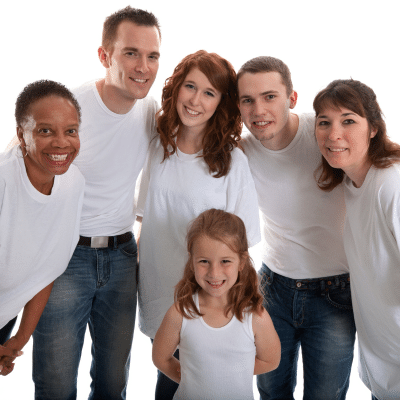 Group of people of all ages all wearing white T-shirts, representing orthodontics for all ages